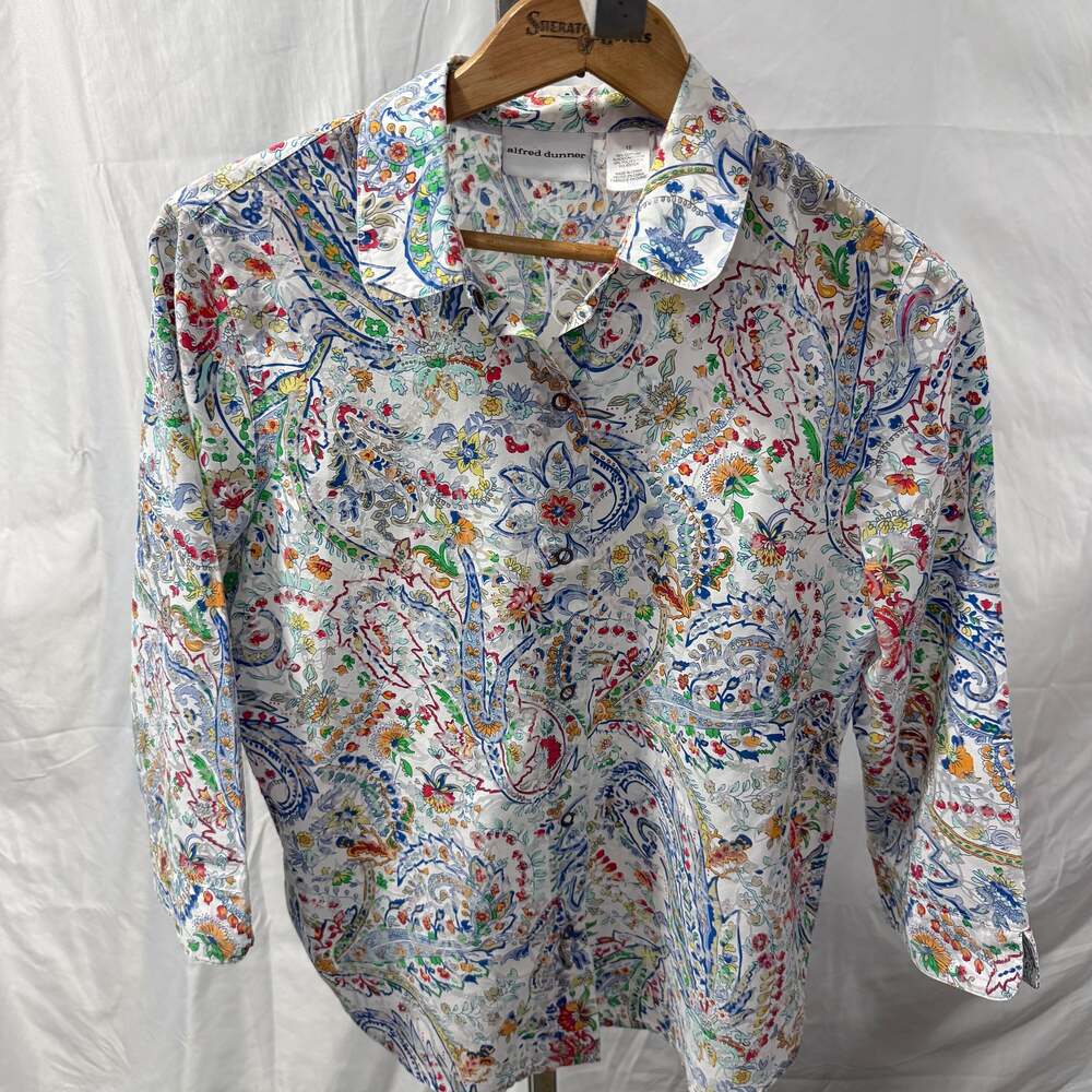 Alfred Dunner Paisley Button Down Cuffed Sleeve Top